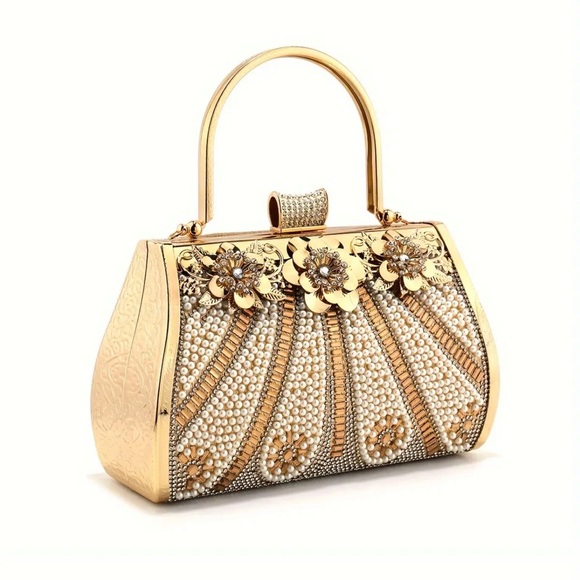 NIP Golden Evening Clutch with Rhinestones & Pearls Glittery Beaded Handbag f - Picture 2 of 6